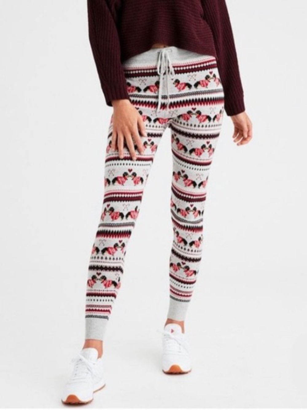 American Eagle Dachshund Sweater Leggings Size XL Gray Red Holiday Christmas
